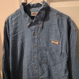Original Cold Storage Mens XL Blue Denim Button Down Shirt Alaska Patch Cotton